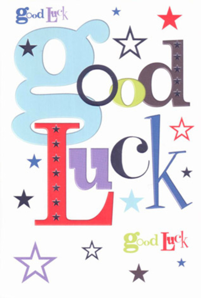 The good luck card shown here is a miniature festival of typography and stars, laid out against a pure white background that lets every colour sing. The words "Good Luck" are not simply printed; they seem to perform, each letter stepping forward with its own voice and shade. A wide, pastel-blue letter opens the phrase, immediately catching the eye with its gentle, almost cloud-like curve, followed by slimmer, darker characters in inky black and deep purple that add rhythm and contrast. Vibrant reds weave through the line like celebratory ribbons, while earthy moss greens and bursts of violet echo the kind of colour pairings a florist might use to create a dynamic, uplifting bouquet. Around the typography, stars scatter in joyful disarray-some tiny pinpricks of indigo and navy, others larger splashes of lilac, turquoise, and citrusy lime. They float and tumble across the page, as if a handful of glittering confetti had been tossed over the design in a moment of excitement, reminiscent of the festive atmosphere along Stoke Newington High Street on a busy weekend. The card's surface looks smooth and refined, sturdy enough to stand proudly beside a vase of fresh flowers on a mantelpiece or office desk. There's an easy, optimistic energy to the composition, like friends cheering from the sidelines before a big interview or performance. Crafted with the same care we give to arranging stems at Stoke Newington Florist, this design transforms a simple good luck wish into something tangible and heartfelt-a little talisman of colour and stars, ready to accompany someone into their next chapter with a quiet but unwavering sense of belief.