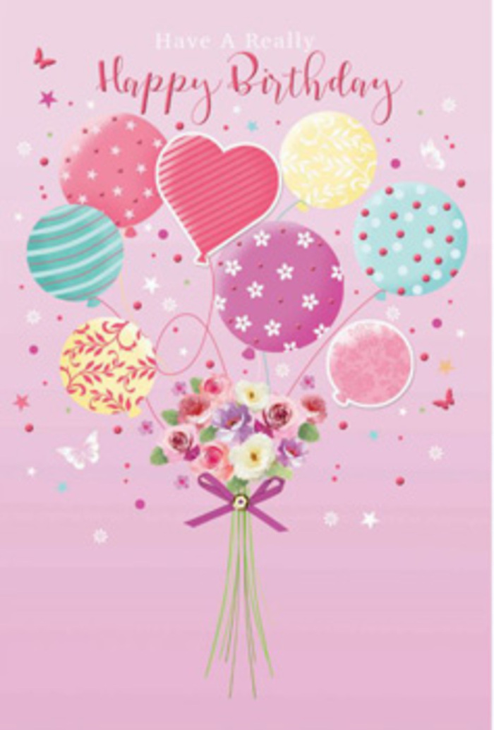 This birthday card design feels like a small celebration floating high above the rooftops of Stoke Newington, painted across a soft pink canvas that glows like late afternoon light. At its centre, a hand-tied bouquet appears to be lifted by a gathering of pastel balloons, as though a miniature garden has taken flight. The flowers themselves are plush and freshly opened, their petals gently curved and lightly ruffled in hues of creamy white, blush pink, and dusky mauve. They resemble petite roses and daisy-like blooms, the sort of delicate stems a local florist might choose at first light before setting up shop near Clissold Park. Imagined fragrance lingers-a blend of softly sweet and powdery notes that suggest comfort and joy. Around this floral heart, a crowd of balloons rises in varying sizes and shapes, including a sweet heart-shaped balloon that seems to pulse with affection. Each balloon carries a distinct personality: some are kissed with candy-coloured stripes, others are sprinkled with playful polka dots or decorated with tiny flowers and swirling patterns in pastel teal, lemon yellow, and lavender. Their surfaces gleam as if catching real sunlight, giving the impression of a party ready to begin. A sparkling violet bow secures the stems at the base, its satin texture glossy and precise, like a carefully tied gift ribbon. Scattered stars and fluttering butterflies drift across the background, suggesting movement in the stillness, and transforming this illustration into a tender birthday moment that feels right at home in the warm, neighbourly streets around Church Street and Stoke Newington High Street.