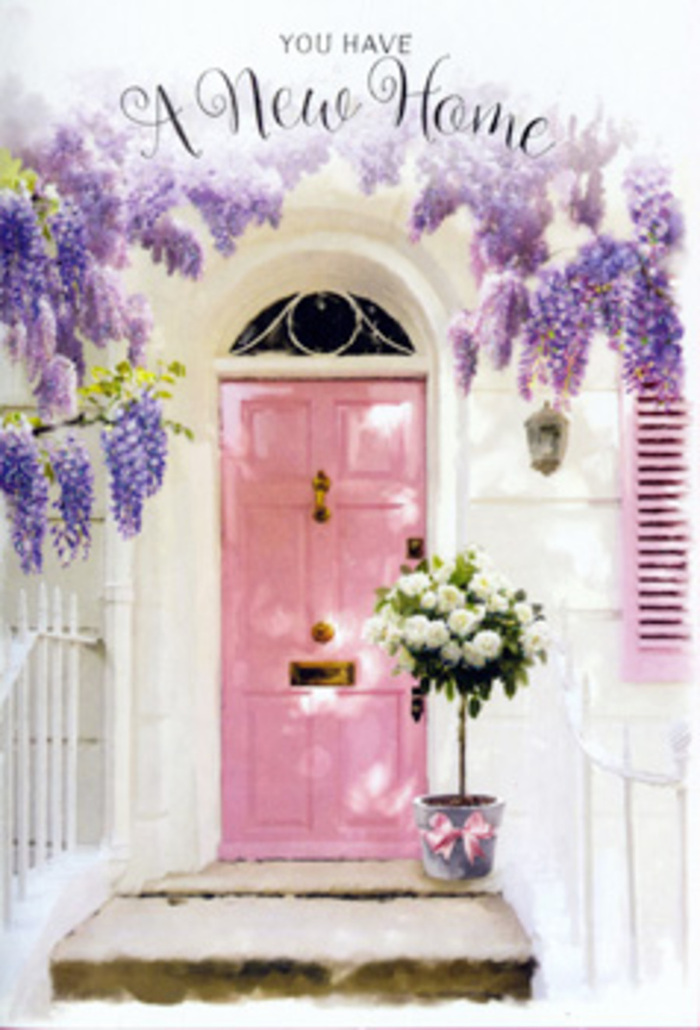 A sun-kissed doorway in Stoke Newington becomes a poetic welcome scene, where architecture and flowers blend into a gentle promise of new beginnings. A painted pink front door stands at the centre, its muted blush shade radiating a soft warmth that contrasts beautifully with the surrounding whitewashed wall. Above it, wisteria in full bloom trails in generous clusters, each strand made up of delicate lavender blossoms cascading like a fragrant curtain. The blooms hang loosely from twisting vines, creating a natural canopy reminiscent of the leafy side streets leading towards Clissold Park and the quiet corners off Church Street. To the side of the door, a pale shutter, subtly distressed, repeats the pink tones in a slightly different note, tying the composition together with painterly harmony. Settled on the doorstep, a simple grey tin bucket holds a thoughtfully arranged bouquet of creamy white roses, the petals thick and velvety, opened just enough to feel abundant without losing their elegance. Sprigs of fresh green foliage weave between the roses, adding texture and a hint of woodland calm. Around the base of the bucket, a satin-finish pink ribbon is tied in a soft bow, with loose ends that drape gracefully over the step, as if laid there by a careful local florist just before a same-day delivery across Stoke Newington. The light is calm and mellow, with gentle shadows tracing the outline of each petal and leaf, evoking the hush of an early evening when a new homeowner takes a moment alone at their threshold. The whole scene feels like a quiet blessing for a new home: hopeful, tender, and deeply inviting.