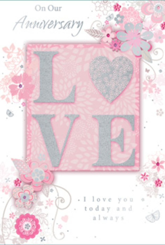 The anniversary card in this image conveys romance with the grace of a hand-tied arrangement, as if composed by an experienced Stoke Newington Florist who understands how colour and texture can express emotion. Dominating the centre is the word "LOVE," formed from raised letters encrusted with a soft, glittering finish that sparkles in pale blush pink and silvery highlights. The glitter appears carefully applied, so the letters seem both crisp and cloud-like, inviting touch as much as sight. Set against a smooth, dusky pink background, this central panel glows gently, the way a softly lit window might on a quiet evening along Stoke Newington Church Street. Around it, a cascade of stylised flowers, fine leaves, and elegant swirls frames the design. The blooms are outlined in subtle shades of white, silver, and muted pink, with shading that suggests depth and petal layers without becoming heavy or realistic. They feel like the ink sketches a florist would make while planning an anniversary bouquet of pastel flowers and light greenery. The motifs drift diagonally across the card, leaving areas of open space that give the design room to breathe. Written in an elegant, flowing script, heartfelt anniversary wishes weave between the floral sprays. The script is neither bold nor showy, instead offering gentle curves and flourishes that echo the shape of tendrils and stems. Together, the raised glitter letters, dreamlike floral trails, and refined typography create a card that feels as delicate and thoughtful as a bouquet delivered to a loved one in a Stoke Newington terrace home, capturing the quiet resilience of long-lasting love.