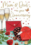 This anniversary card artwork unfolds like a warm family moment, carefully illustrated to celebrate enduring love in a way that feels right at home in Stoke Newington. At the base of the design, two perfectly formed red roses lie side by side on a tabletop, their velvety petals layered in rich shades of scarlet and crimson, opening just enough to suggest peak freshness. Their surrounding green leaves add a lush contrast, the kind of vibrant foliage you might notice in a freshly delivered arrangement from a local florist. Next to the roses rests a heart-shaped chocolate box, finished in a glossy red and tied with an opulent, wide satin bow that loops dramatically across the lid. The box is tilted open to reveal an assortment of chocolates inside, each piece shaded in tempting browns and creams, arranged neatly as if waiting to be shared between a devoted couple. Behind this indulgent centrepiece, two tall, slender champagne flutes stand shoulder to shoulder, filled with sparkling golden champagne. Tiny bubbles are suspended mid-rise, suggesting the quiet pause before a toast is made to another happy year together. Floating around these elements, clusters of small gold and crimson hearts add a playful, celebratory energy, drawing attention to the tender "Mum & Dad" message handwritten in soft, flowing script. A bold red envelope lies nearby, sealed and slightly angled, evoking the promise of a heartfelt note inside. The whole composition feels intimate and joyful, like a cosy evening celebration in a Stoke Newington home, where flowers, chocolates, and champagne turn an anniversary into a treasured memory.